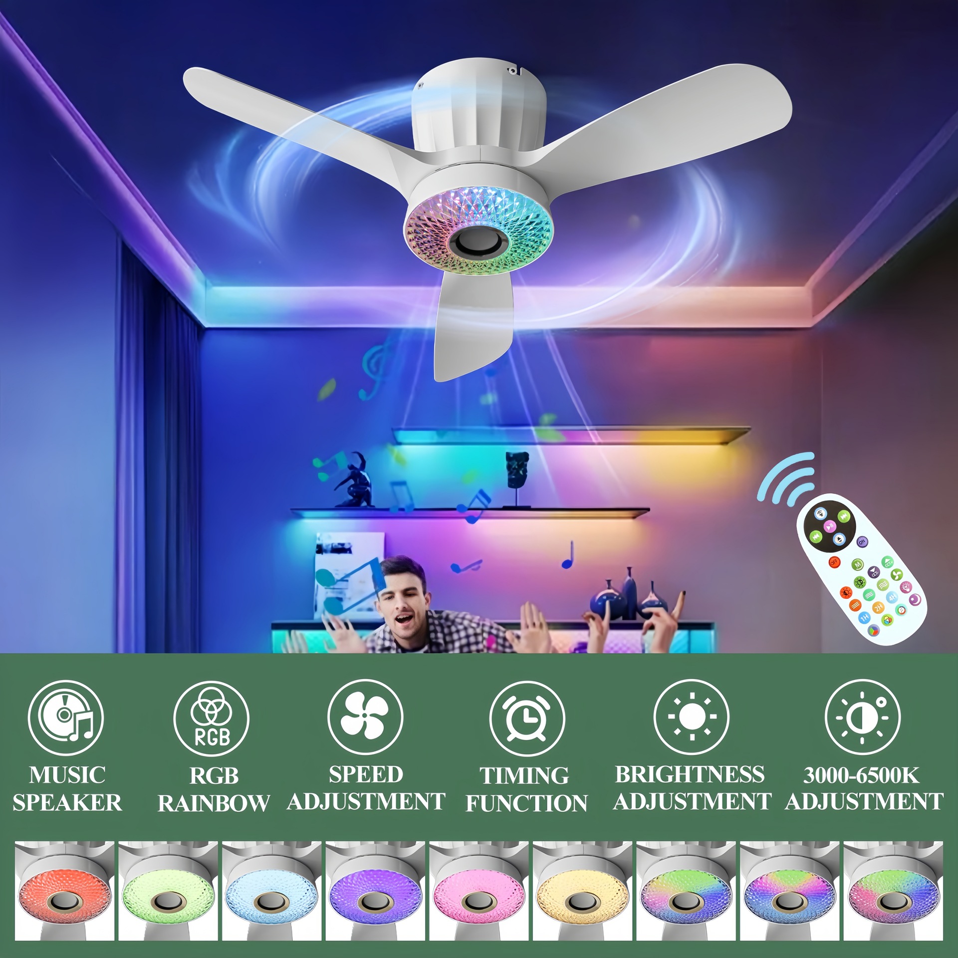 Cross-Border Popular Ceiling Fan Light Restaurant Bedroom Ceiling Fan Light Rgb Music Smart Lighting Fixtures Manufacturer Wholesale