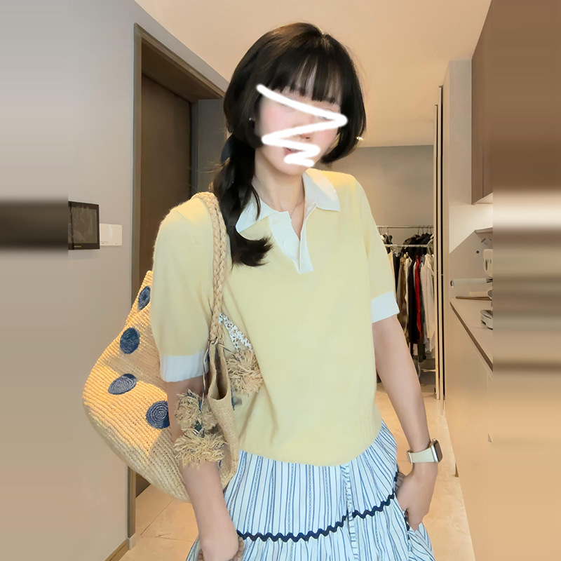 韩系chic黄色Polo领短袖T恤女2025春夏季新款小众设计感正肩上衣