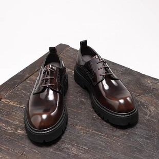 Men's Cowhide Fashionable Casual Round Toe Leather Shoes British-style Business Commuter Bright Leather Heightened Platform Derby Shoes