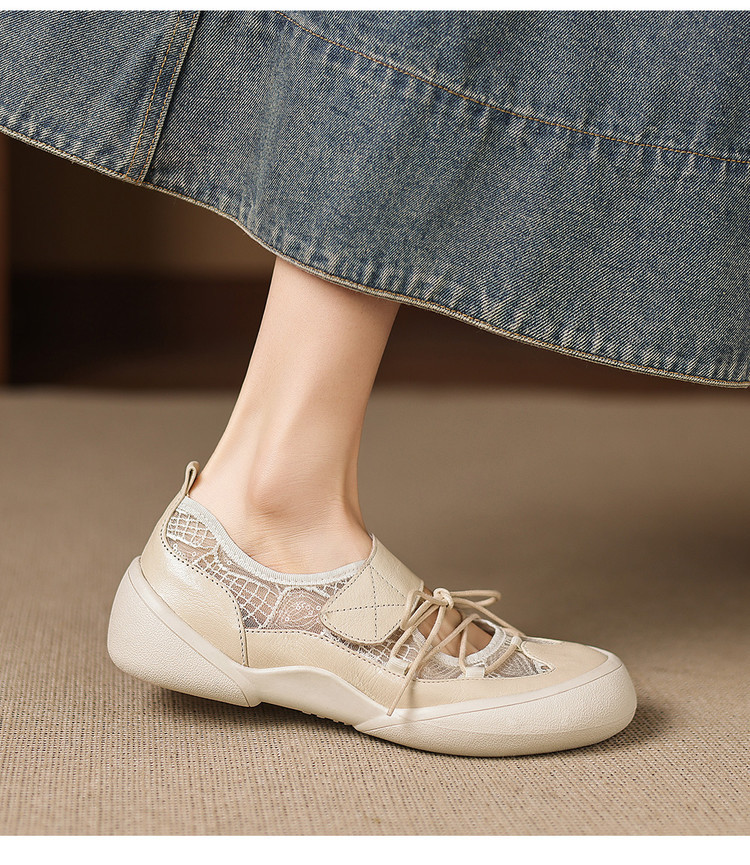 Giày sneaker nữ đế dày ren lưới phối màu cổ thấp — màu trắng ngà chi tiết 12