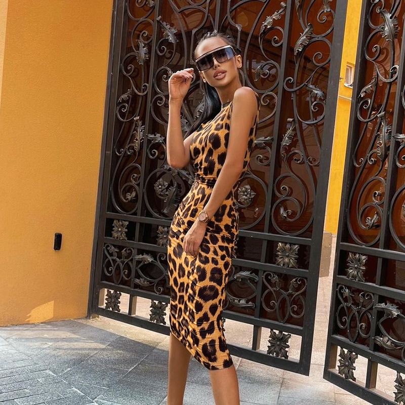 leopard-print vest halter mid-length tight-fitting dress NSFLY107852