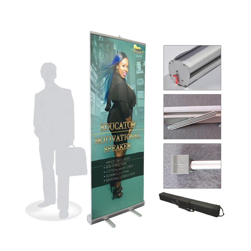 Suministro transfronterizo de soportes de exhibición enrollables de aluminio de fábrica en Shanghái, soportes publicitarios plegables portátiles retráctiles para suelo.