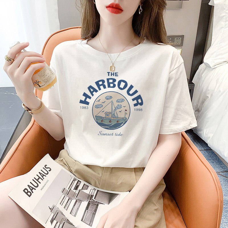 230g Cotton Short-sleeved T-shirt Women's Top 2024 Summer New Women's Loose White ins Women's Clothes