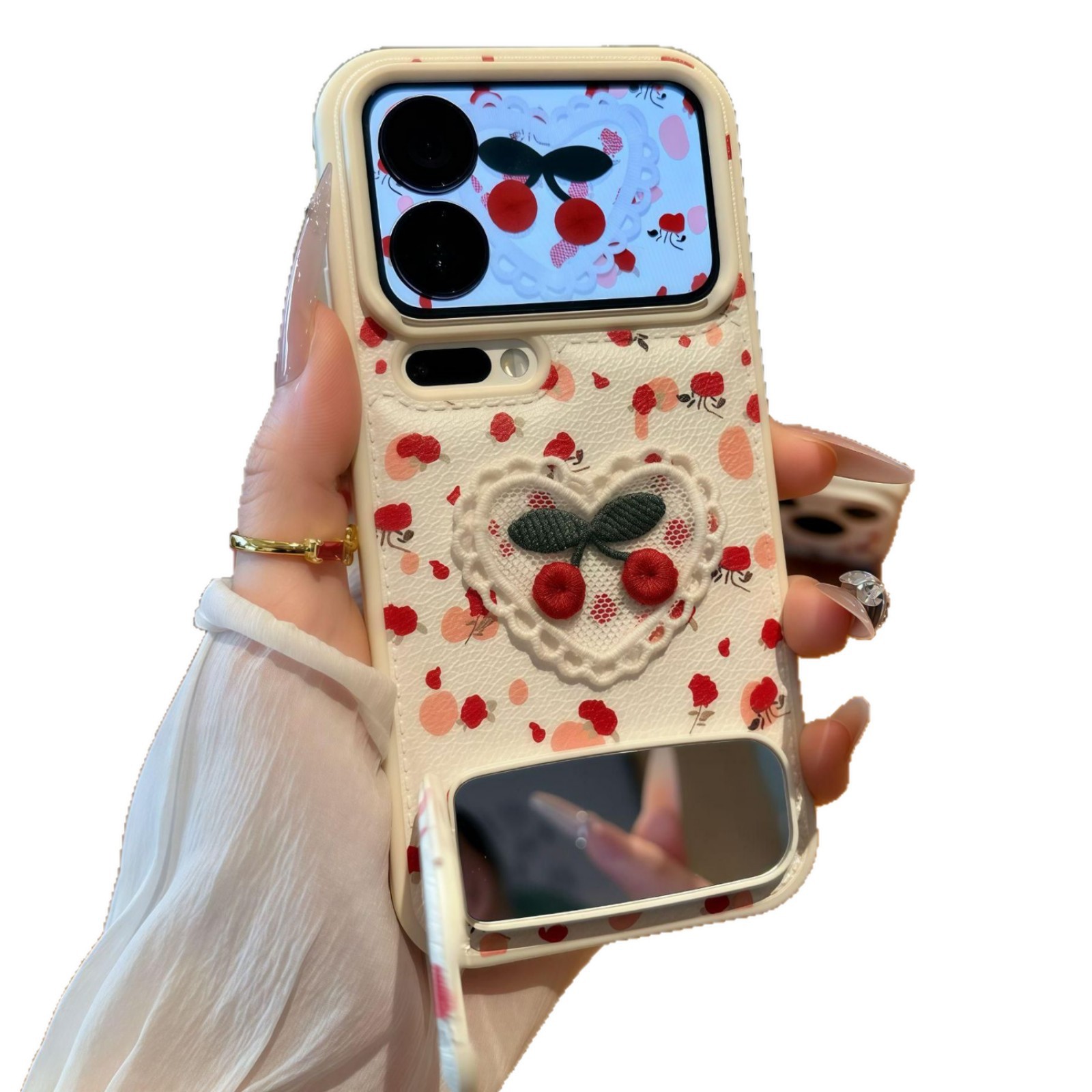 Suitable For Fruit 16/17 Pro Phone With Leather Texture, Embroidered Heart And Cherry Design, IPhone 16 Full-cover_voghion.com