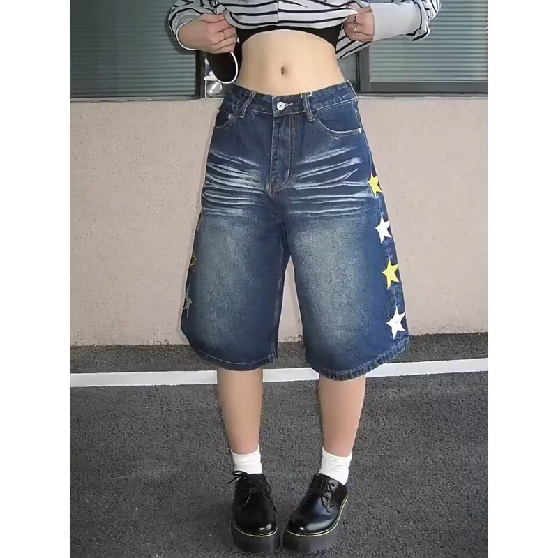 Trendy American Retro Casual Fashion Brand Whiskered Washed Vintage Loose Wide-Leg Cropped Denim Shorts with Side Pockets Trendy American Retro Casual Fashion Brand Whiskered Washed Vintage Loose Wide-Leg Cropped Denim Shorts with Side Pockets