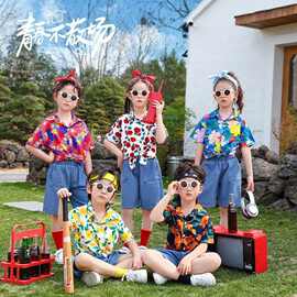 新款男童港风短袖花衬衫外套儿童度假风上衣宝宝海边度假夏装夏季