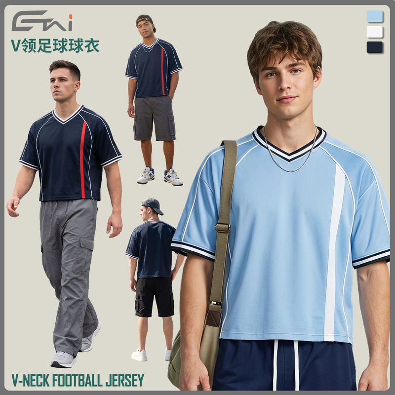 ETAI Men's Clothing | 2026 Summer Trendy Brand Color-Block V-Neck Jersey Short-Sleeve Men's T-Shirt Loose-Fit Football Sports T-Shirt for Men