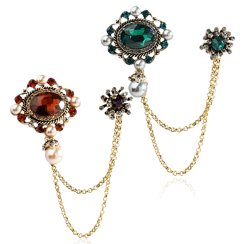 Cross-border European and American Elegant Simple Emerald Gem Chain Fashion Accessories Brooch Light Luxury Men's Suit Accessories Chest