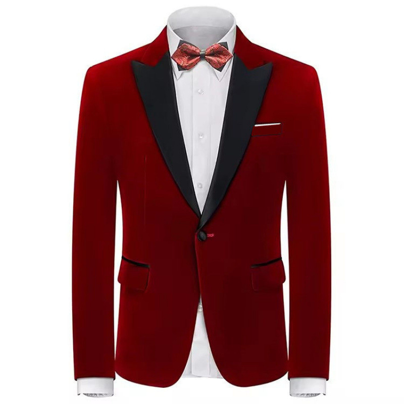 2026 Men's Velvet Slim-Fit Suit Jacket with Pointed Collar and Single Button Closure
