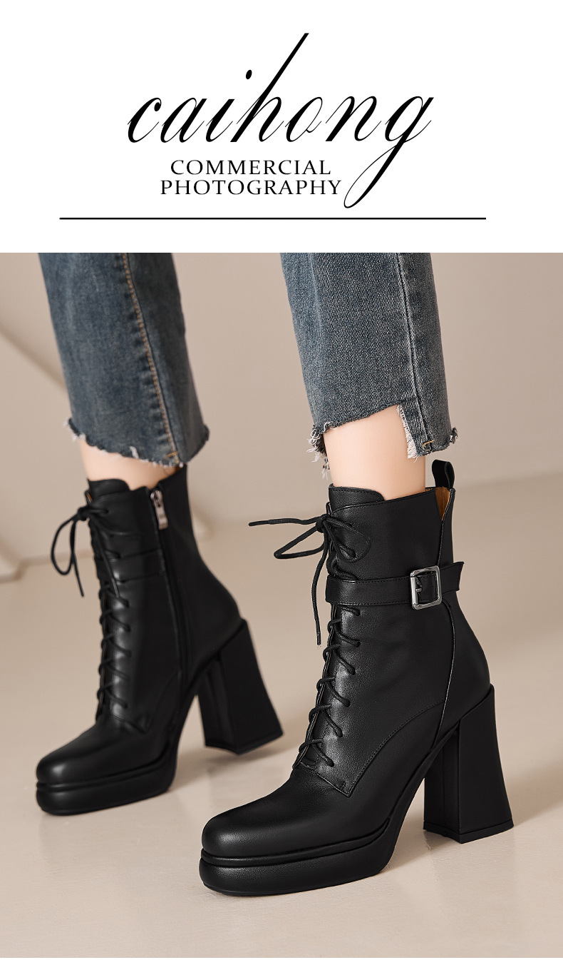 Giày boot nữ da thật cổ ngắn dây buộc gót vuông 10 cm đế dày mùa thu đông — màu đen, Màu trắng nhạt chi tiết 2