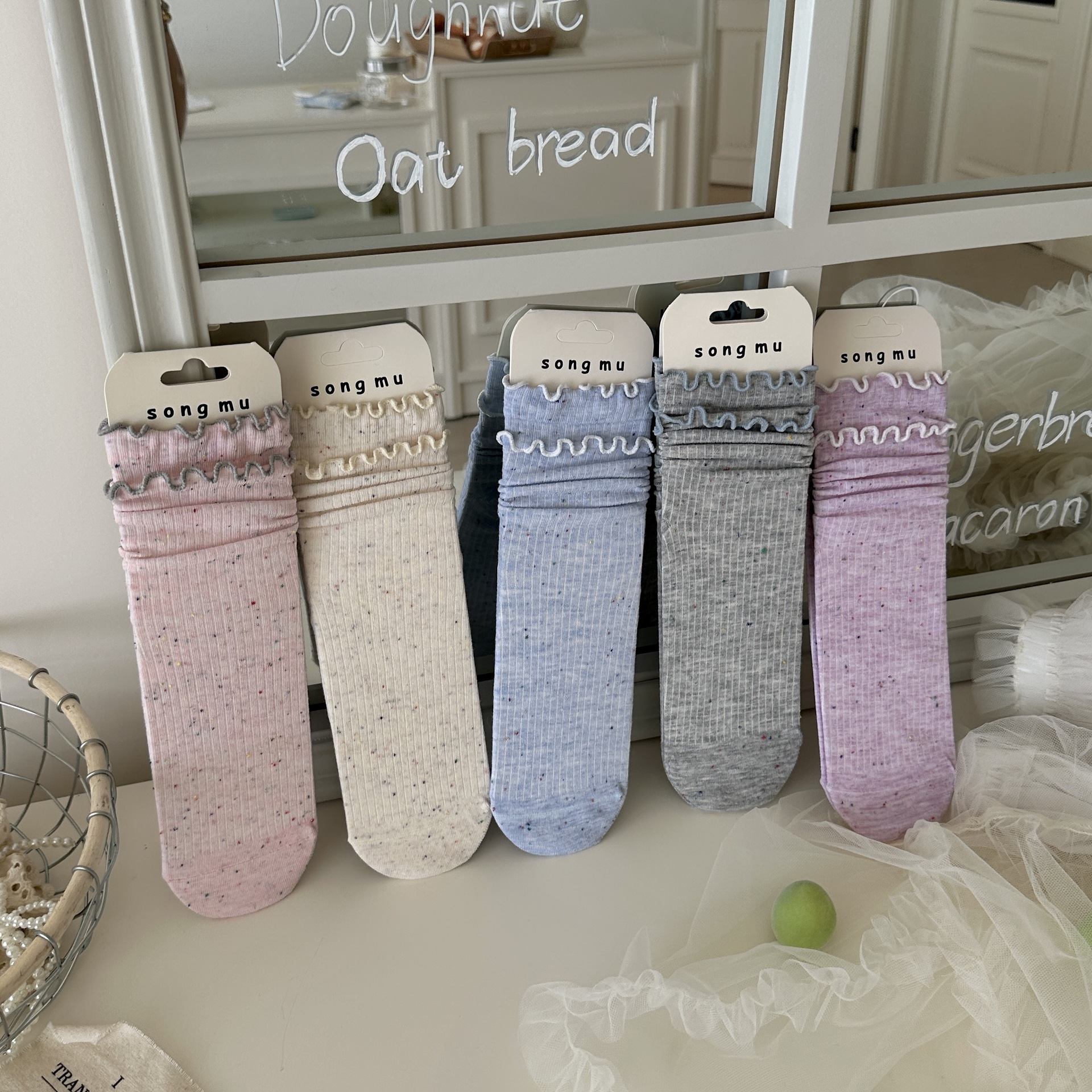 BM-style Ins Double Earless Ear Bean Socks for Girls Spring and Summer, Korean Style Pointed Toe Ribbed Socks, No Bone Color Pointed Mid-Calf