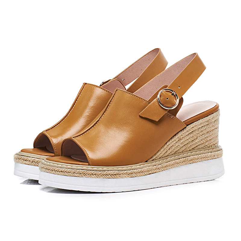 Sandal cao gót nữ hở mũi đế xuồng đan rơm phong cách châu Âu — Nâu vàng chi tiết 3