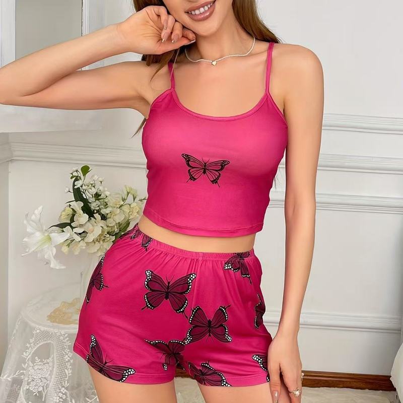 欧美大码跨境家居服夏季吊带吊带印花柔软蝴蝶睡衣简约两件套|undefined