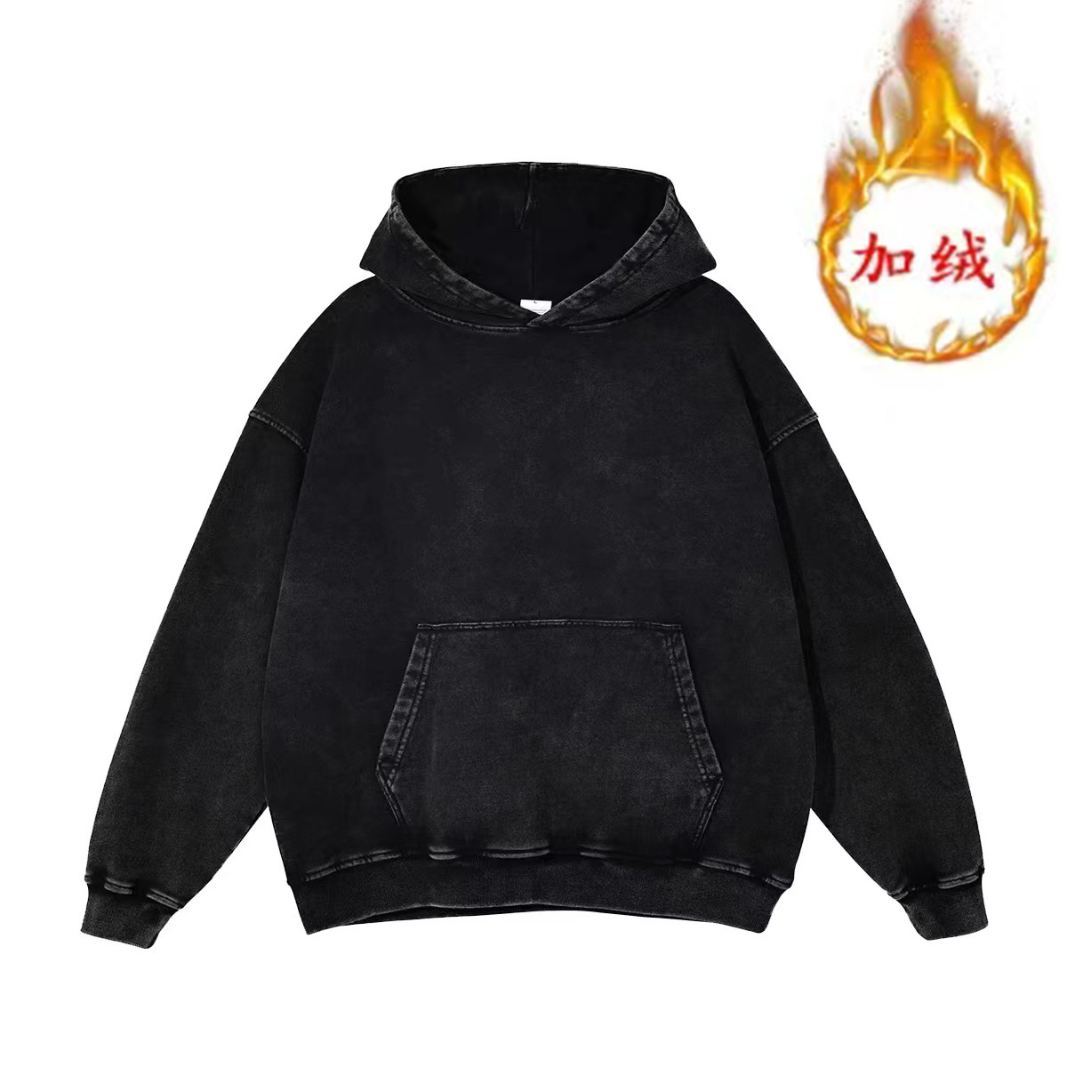 潮牌洗水做旧加绒加厚卫衣男美式高街连帽衫