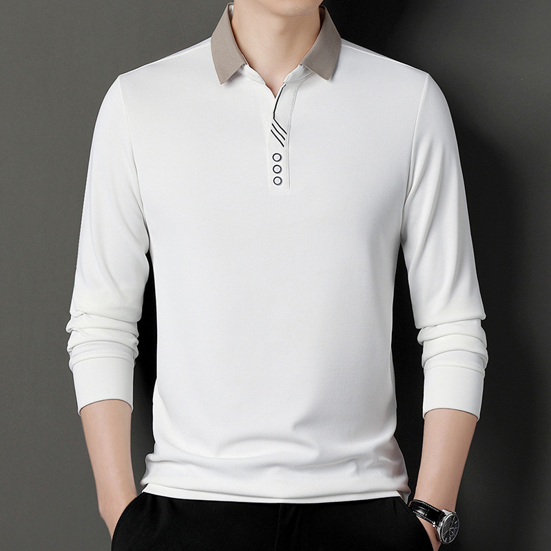Tijeras collar Camiseta de manga larga de los hombres de Primavera y Otoño Nueva solapa simple casual solapa versátil camisa de polo de mediana edad de los hombres