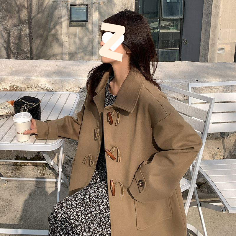 2025秋冬季中长款过膝牛角扣毛呢外套女韩版百搭小个子呢子大衣潮