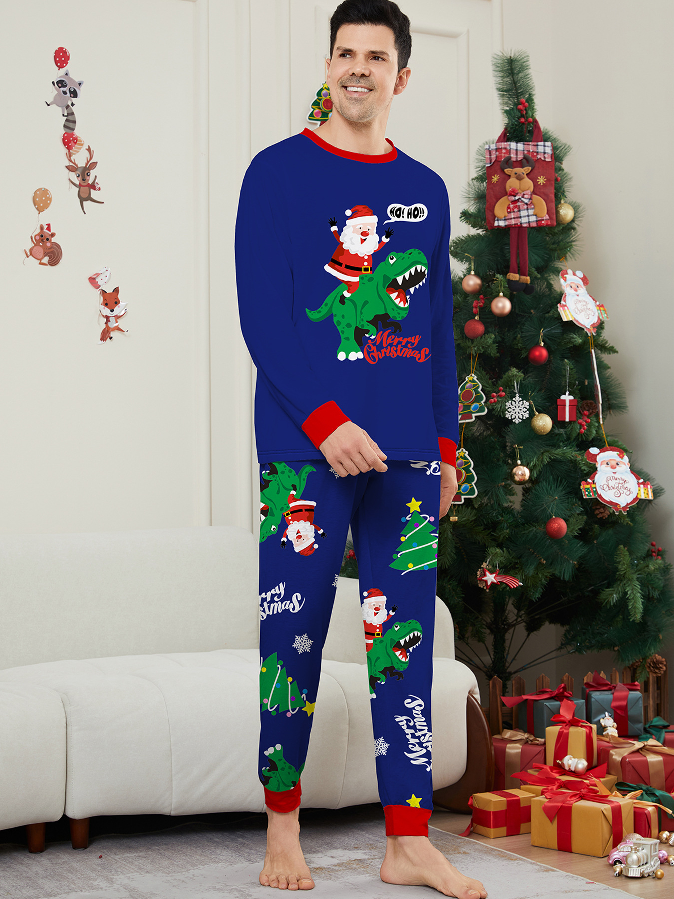 Božićna kućna odjeća Obiteljska odjeća Zelena pidžama s printom dinosaura Djeda Mraza Plavo odijelo_voghion.com