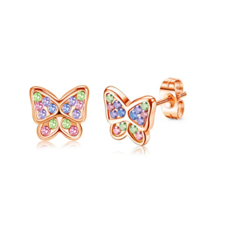 Rose Gold Diamond Heart Butterfly Cat Stud Earrings Set_voghion.com