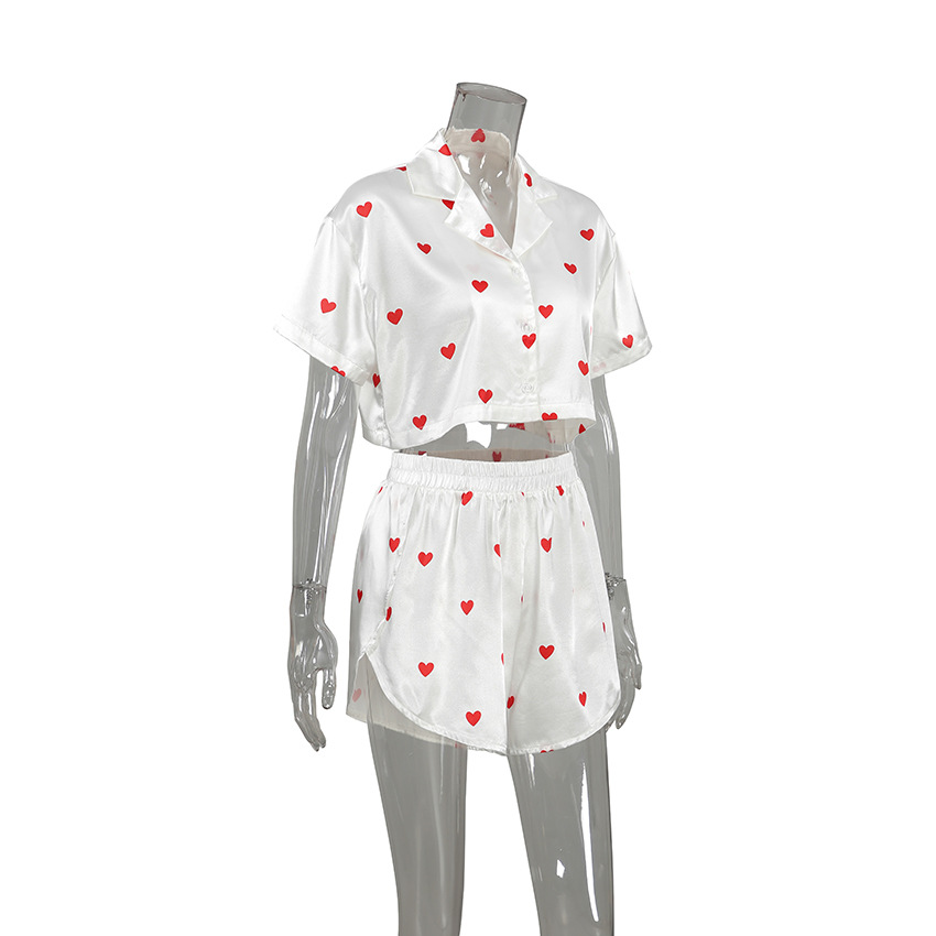 210g Weight Short Sleeve Sleeve Length Pajamas Lingerie Type Polyester, Satin Fabric Type Short Top Length Shorts Sets Sets Type 2 Pieces Set Quantity Home, Daily Occasion Turndown Neckline Breathable Function Regular Fit Fit Type Heart Shape Pattern Winter, Summer, Spring Season Women's Gender Sweet Style Home Daily Women's Sweet Heart Shape Polyester Satin Shorts Sets Pajama Sets 1