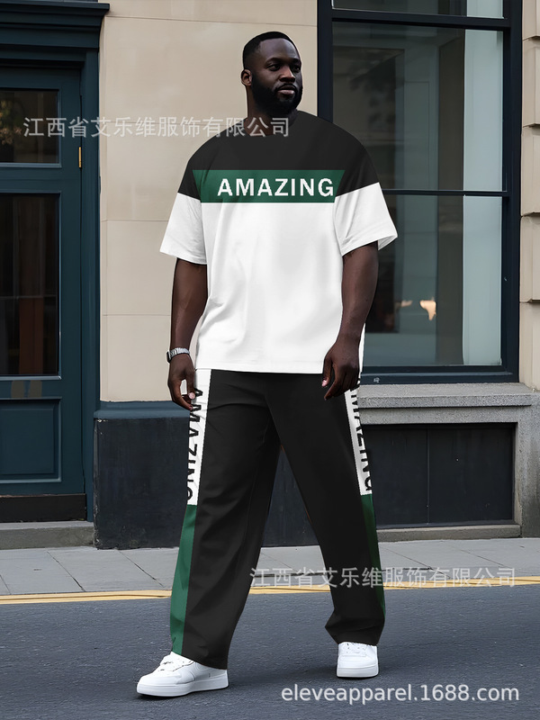 クロスボーダーメンズラウンドネックTシャツとパンツスーツ3Dデジタルプリントシンプルレタープレーンスタイルホットセールスポーツセット|undefined