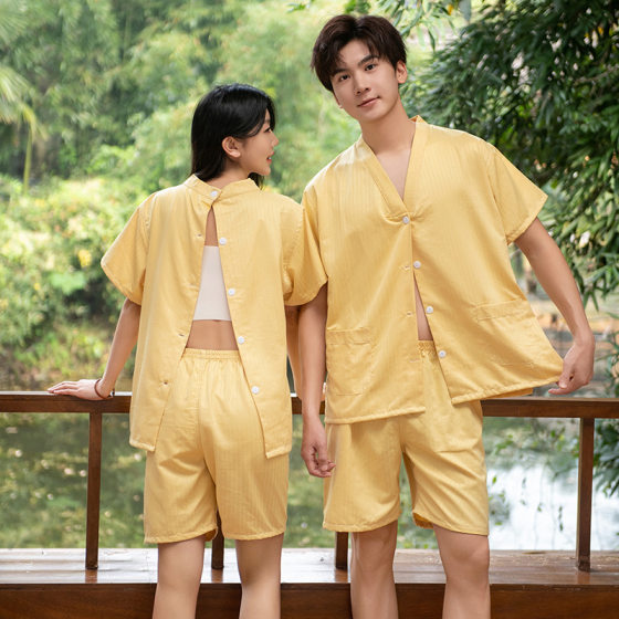 Back open button moxibustion clothing cardigan couple plus size massage clothing female beauty clothing sauna clothing ear picking clothing sweat steaming pajamas
