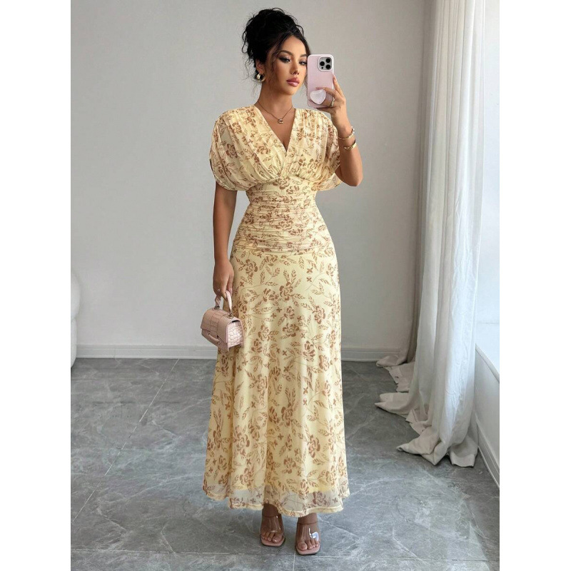 Cross-Border Amazon Europe and America 2026 Summer New Elegant Resort Style V-Neck Pleated A-Line Long Beach Dress Cross-Border Amazon Europe and America 2026 Summer New Elegant Resort Style V-Neck Pleated A-Line Long Beach Dress