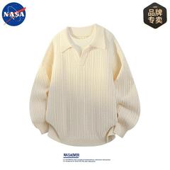 NASA品牌秋冬季高级感假两件长袖POLO毛衣男士休闲宽松纯色针织衫