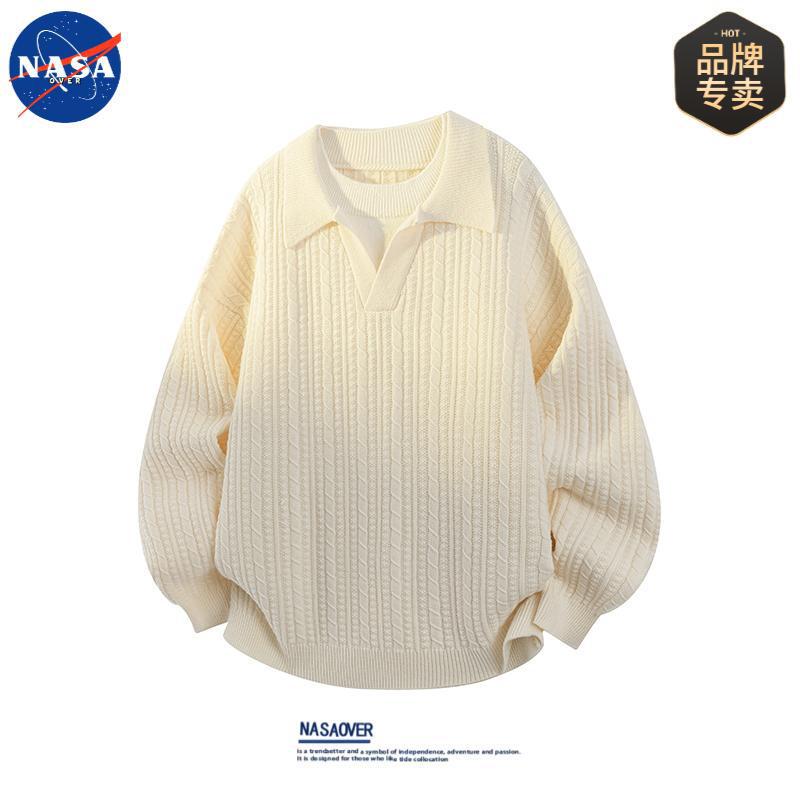 NASA品牌秋冬季高级感假两件长袖POLO毛衣男士休闲宽松纯色针织衫|undefined