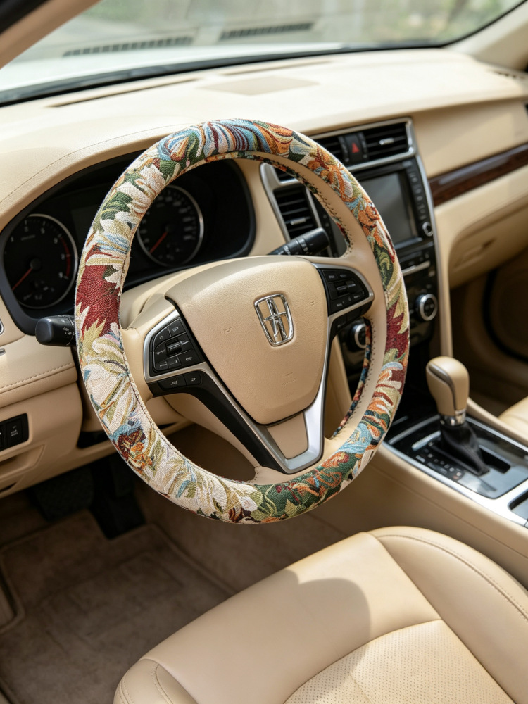 Summer Steering Wheel Cover, Breathable Cotton and Linen, Retro Oil Painting, National Trend, Men's and Women's Style, Universal for All Seasons, Car Handlebar Cover, Protective Cover