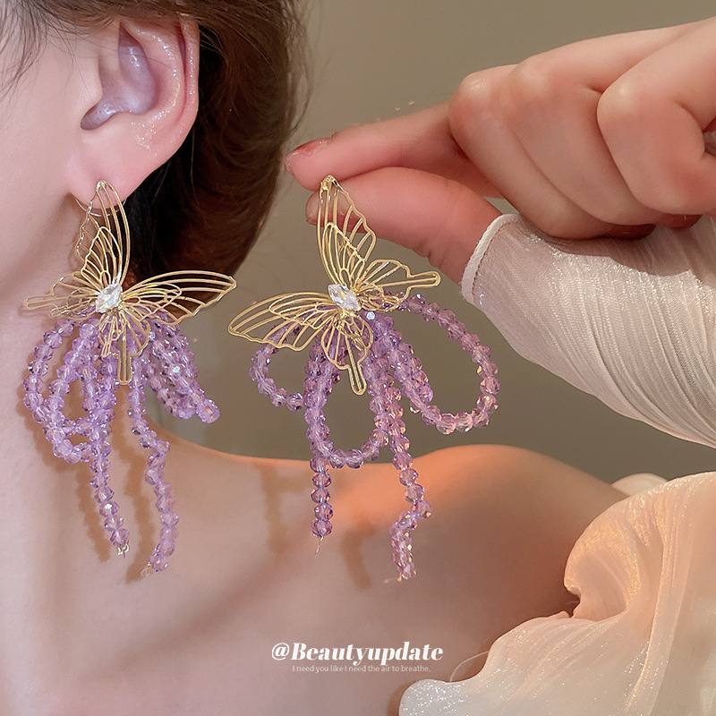 Pendientes de borla de cristal de mariposa de circón de aguja de plata Pendientes de lujo ligero de moda francesa Pendientes de temperamento femenino Sensación de clase alta de nicho