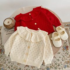 2023 Autumn and Winter 0-3-year-old baby girl cotton knitted cardigan ruffle collar hollow long-sleeved sweater jacket