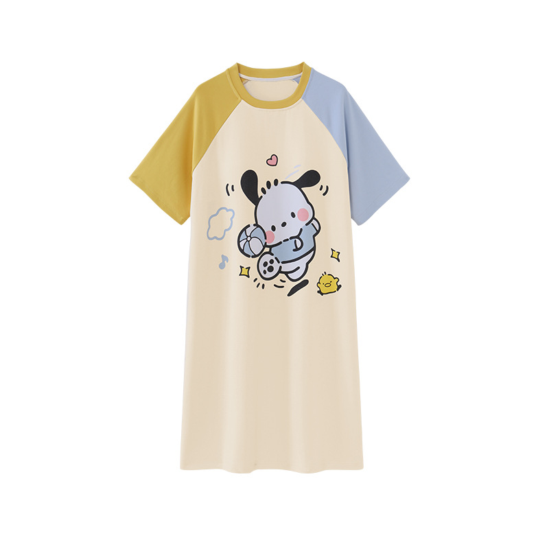 2025 nuevo perro Pachia con cojín de pecho pijama de verano mujer de algodón de cuello redondo dibujos animados lindos pijamas largos ropa para el hogar