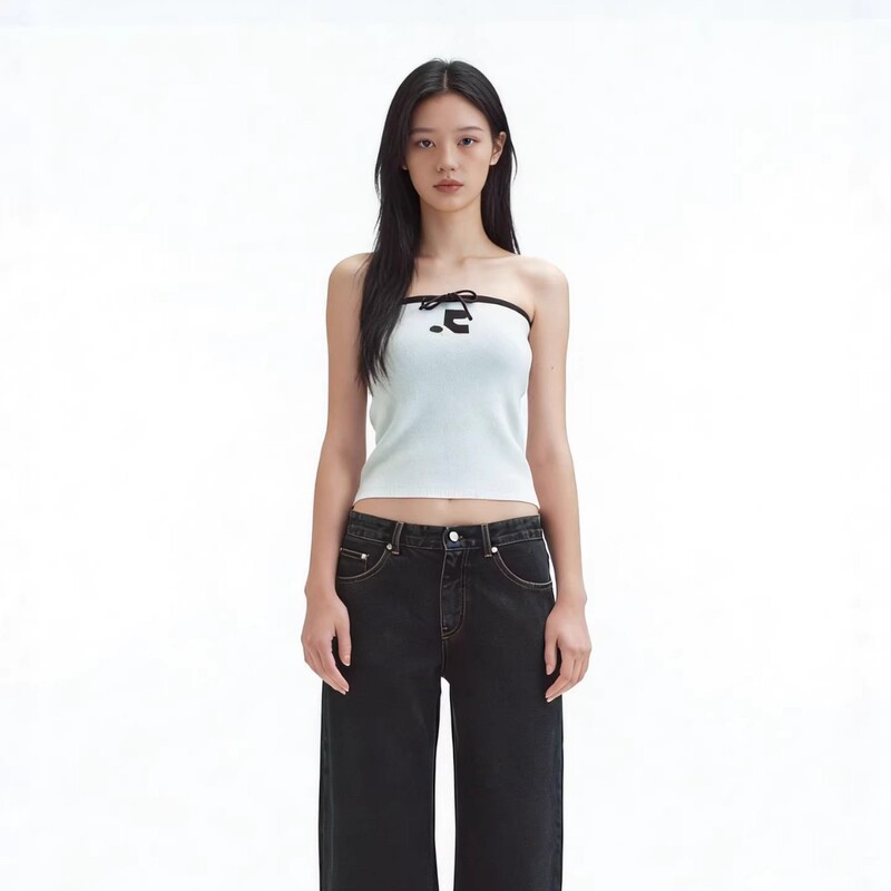 2026 Spring/Summer Korean Niche Fashion Brand Embroidered Lace-Up Knit Tube Top for Women, Sexy Crop Top