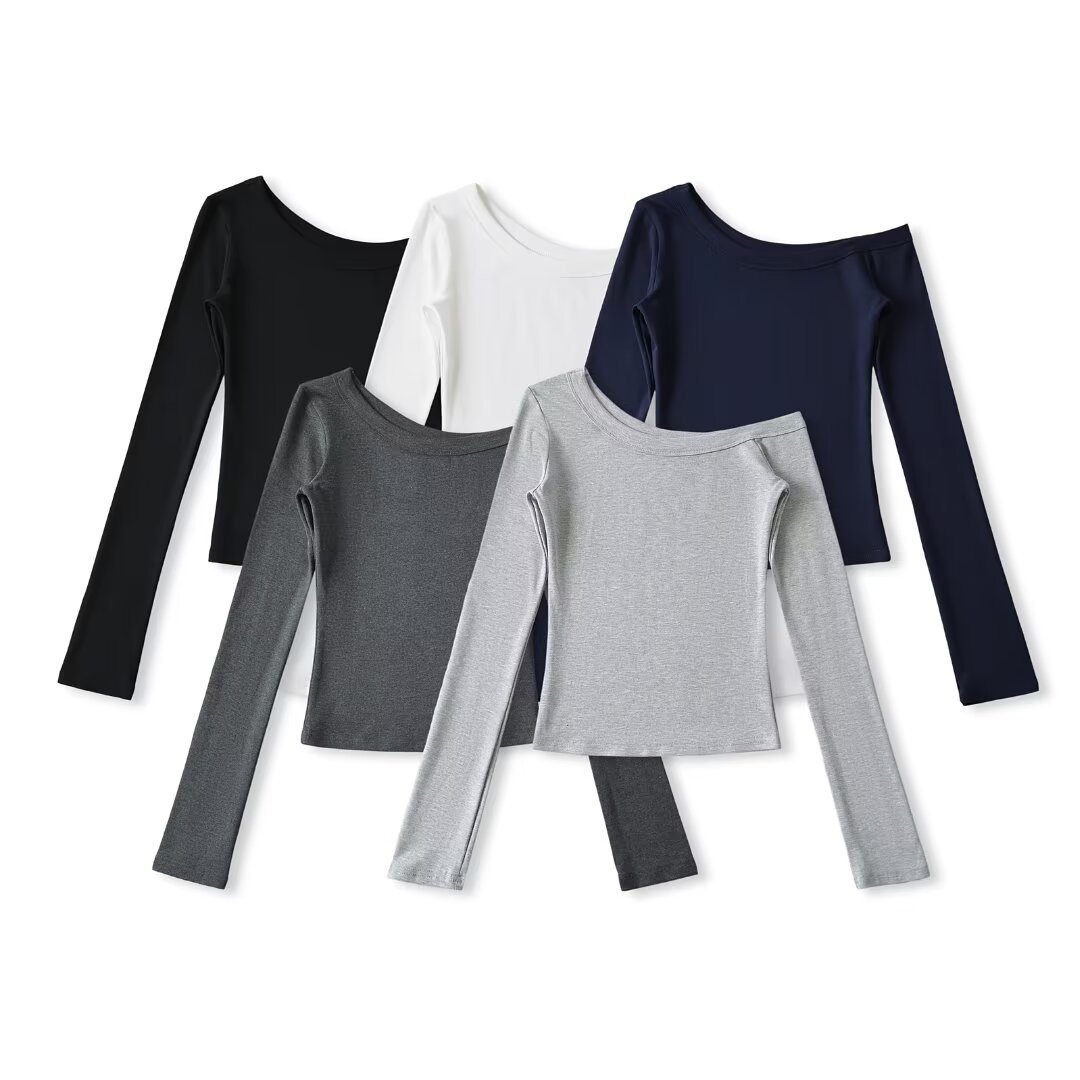 Pure Desire Slim Fit Asymmetrical Shoulder Long Sleeve T-Shirt 2025 Spring and Autumn Fashion Versatile Casual Base Shirt Top Cotton