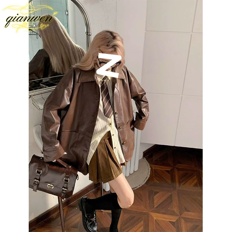 Куртка из полиуретана, женская, американский стиль, plus‑size, коричневая, для осени