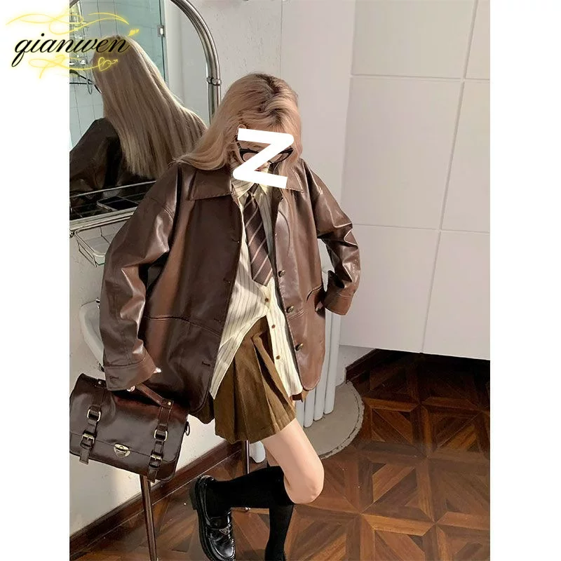 Куртка из полиуретана, женская, американский стиль, plus‑size, коричневая, для осени