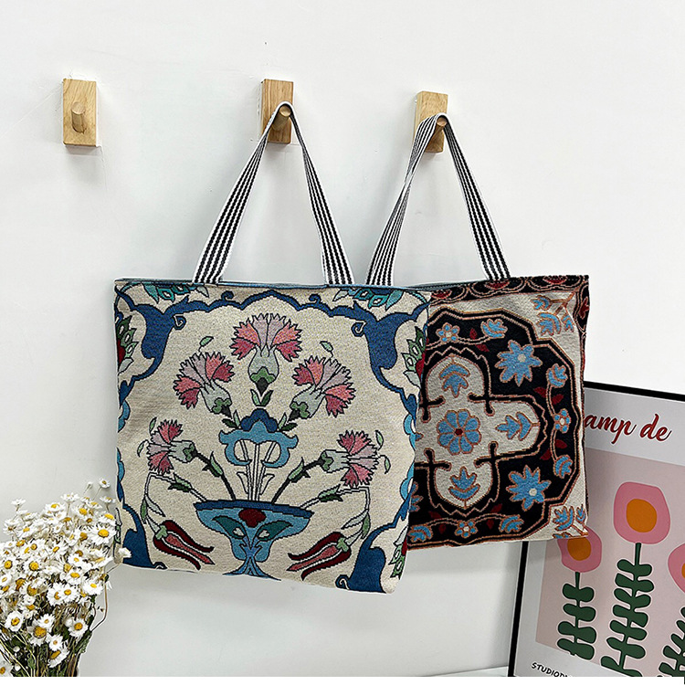 195g Weight Polyester Lining Material Zipper Closure Type Double Shoulder Straps Strap Type Canvas Bag Bags Type Holiday, Travel Occasion Canvas Material Geometric Pattern All Seasons Season Women's Gender Vacation, Ethnic Style Style Medium Size Women's Medium Canvas Geometric Vacation Ethnic Style Zipper Canvas Bag 15