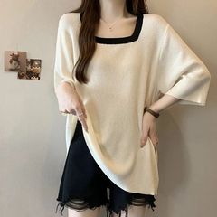 大码胖mm方领短袖T恤女夏季新款拼接撞色百搭休闲遮肚中长款上衣