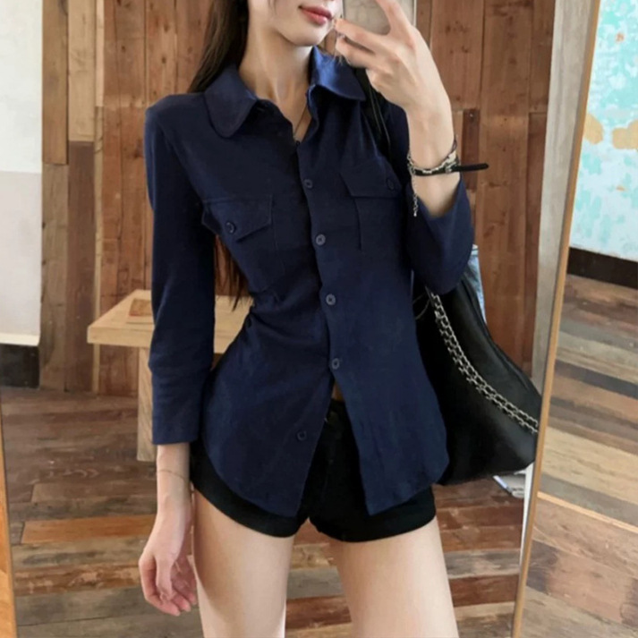 Moses Queen/Mo Xi Queen Pure Desire Style Lapel Long Sleeve Shirt Slightly Fat Waist Slimming Design Top Moses Queen/Mo Xi Queen Pure Desire Style Lapel Long Sleeve Shirt Slightly Fat Waist Slimming Design Top