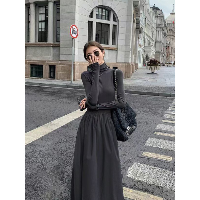 针织鱼尾连衣裙女秋冬长款赫本风小黑裙修身内搭打底毛衣裙|undefined