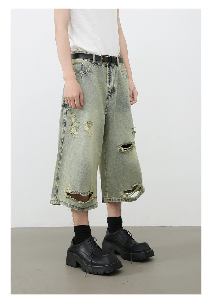 Quần short jean nam ống rộng ống thẳng dáng lửng rách nhẹ — Màu xanh lam chi tiết 4