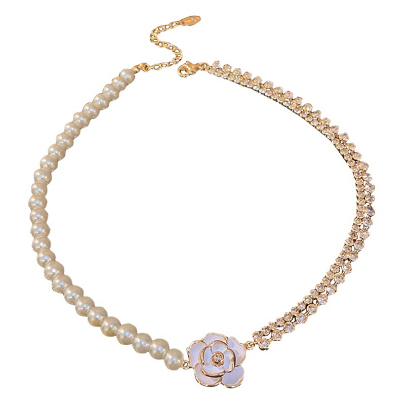 Oro real galvanoplastia diseño de moda vintage perla diamante flor doble collar cadena clavícula estilo dulce 2023 mujeres