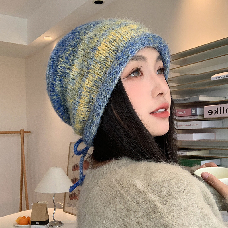 秋冬渐变针织帽子女多巴胺显脸小护耳大头围保暖抽绳堆堆毛线帽子|undefined