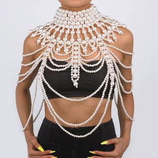 New European and American Jewelry Necklace Hand-Woven Cut Out Air Quality Pearl Shawl Chest Chain Fan-Shaped Clothing Body Chain