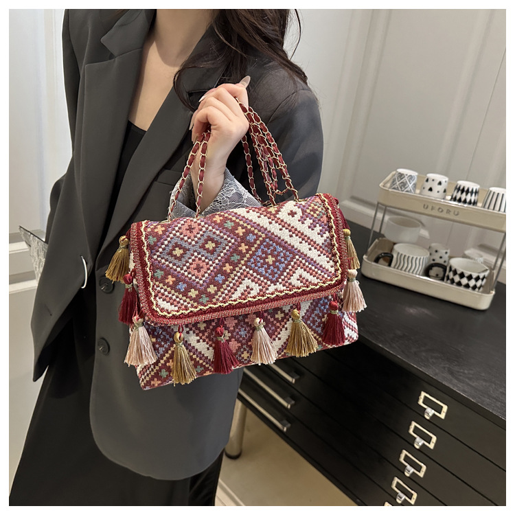 336g Weight Flip Cover Closure Type Single Shoulder Strap Strap Type Shoulder Bag Bags Type Casual, Holiday Occasion Cloth Material Geometric Pattern All Seasons Season Women's Gender Elegant, Ethnic Style Style Square Shape Women's Cloth Geometric Elegant Ethnic Style Square Flip Cover Shoulder Bag 9