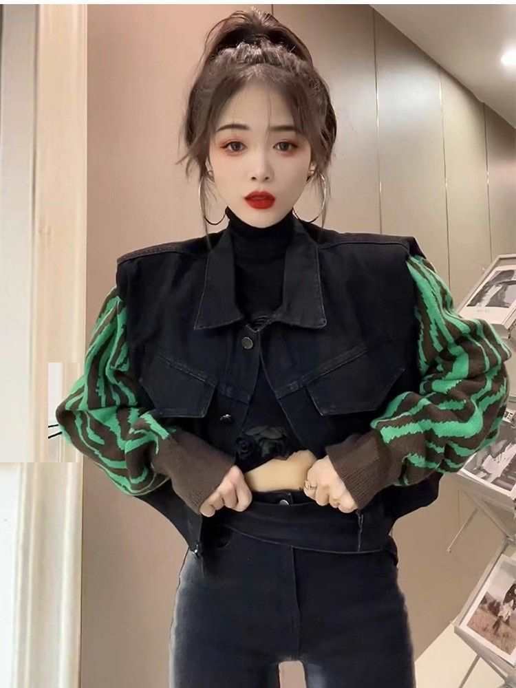 拼接斑马纹针织袖夹克外套女2025春季新款小个子宽松短款牛仔上衣