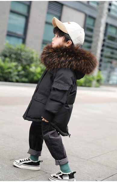 2023 New Autumn and Winter Kidsren's down Silk Clothing for Men, Women, Middle and Large Kidsren, Thickeneded Mid-Length Hooded Large Fur Collar down Silk