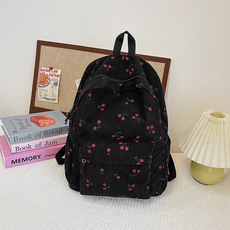 1197g Weight Polyester Lining Material Zipper Closure Type Double Shoulder Straps Strap Type Casual, School, Daily Occasion Corduroy Material Back To School Festival School Backpack Backpack Cherry Pattern All Seasons Season Women's Gender Cute Style Shell Shape Cherry Casual School Daily School Backpack 50