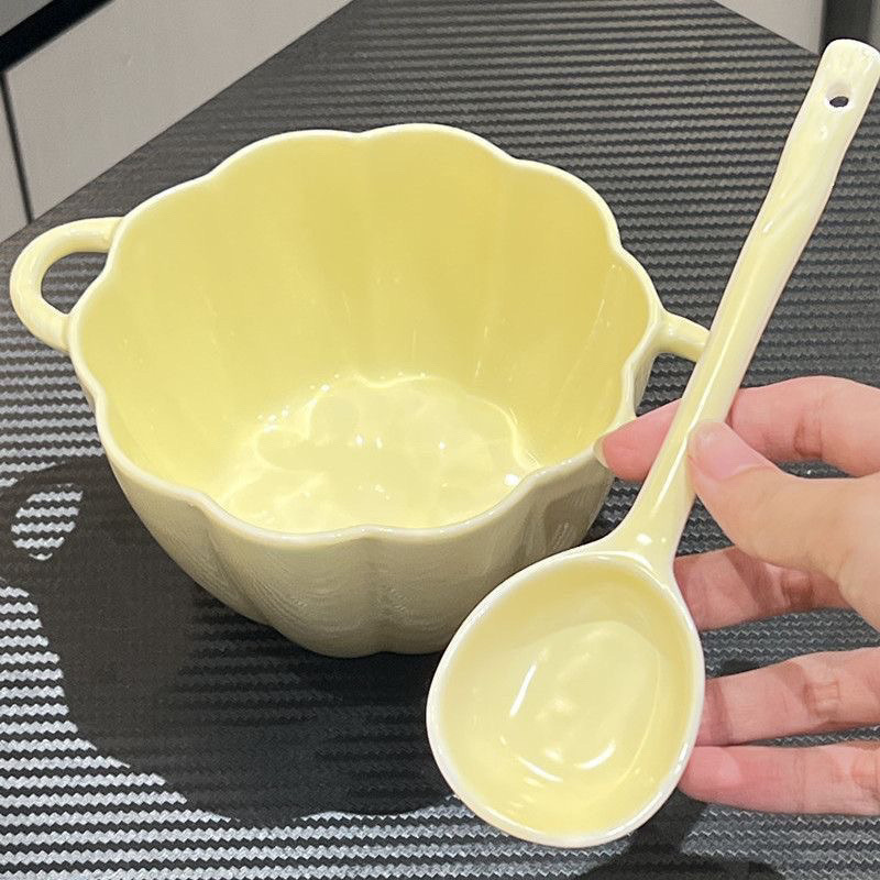 奶黄双耳南瓜碗勺陶瓷南瓜碗风餐具饭碗早餐碗高颜值面碗甜品|undefined