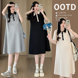 Maternity 2025 Summer New Korean Fashion Colored Polo Collar Loose Pregnant Women Mid-length dress